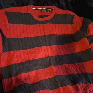 Nautica Men’s Red and Black Striped Cable Crewneck Sweater